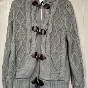 Gray Cable Knit Sweater with Toggle Closures